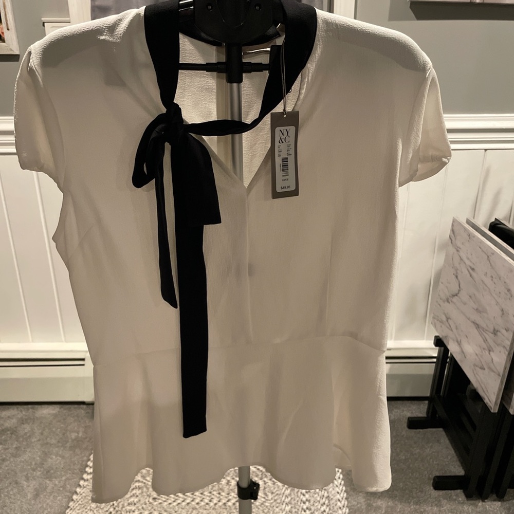 New York & Company Cream Blouse with Black Tie